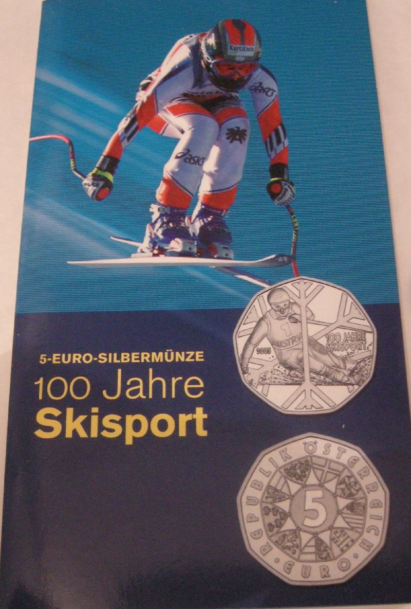 (afbeelding voor) 5 Euromunt Oostenrijk 2005 Skie blister